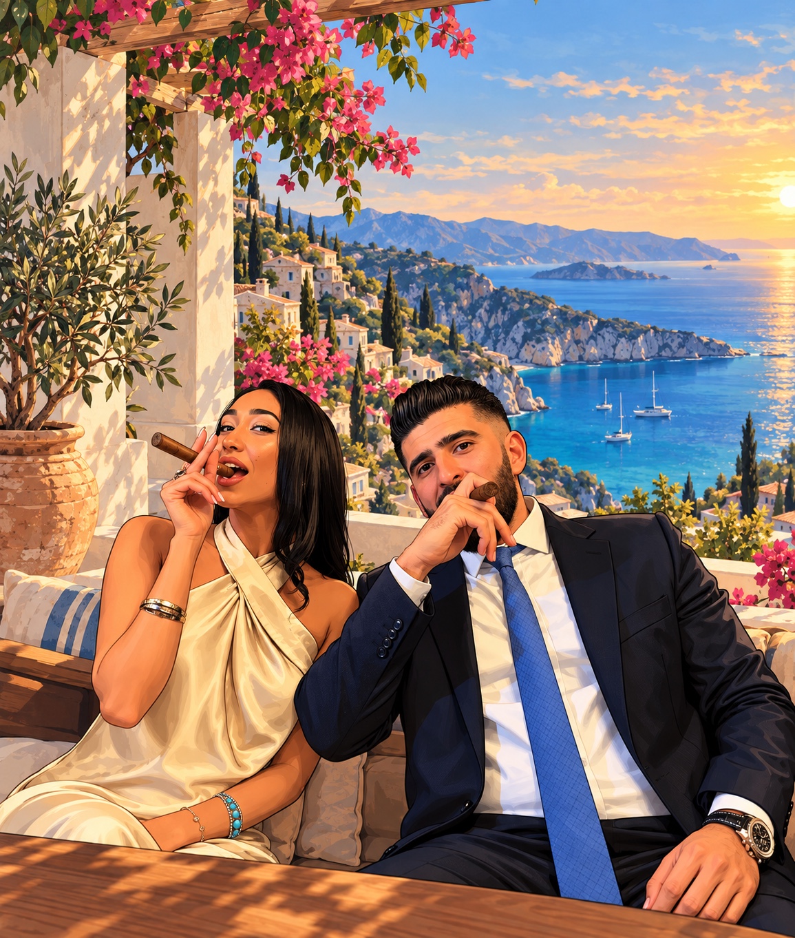 Illustrated portrait of Izzy and Afif overlooking a Greek bay